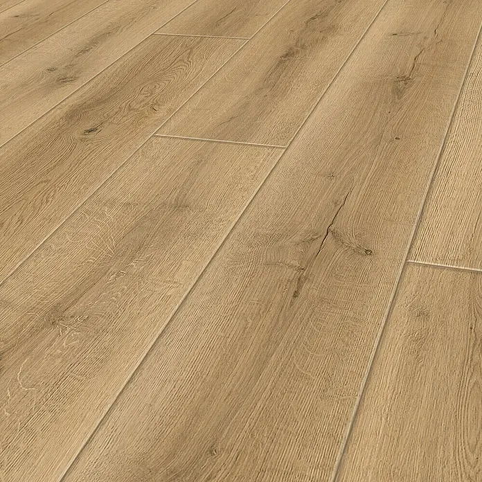 Vinylboden Rigid - Stratos, Landhausdiele, 1.830 x 229 x 6 mm - Nahaufnahme von hellem Laminatboden mit Holzmaserung, ideal für modernes Wohndesign. Robust und pflegeleicht für jeden Raum.