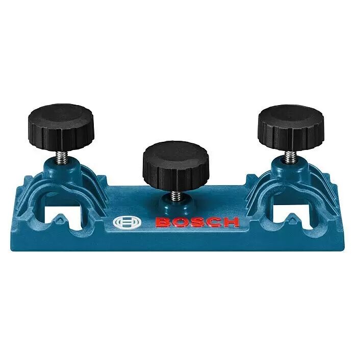 Bosch Professional Adapter OFZ - Passend für: Fräse und Schiene - Blauer Bosch-Führungsbock mit drei schwarzen Rändelknöpfen und silbernen Schrauben.