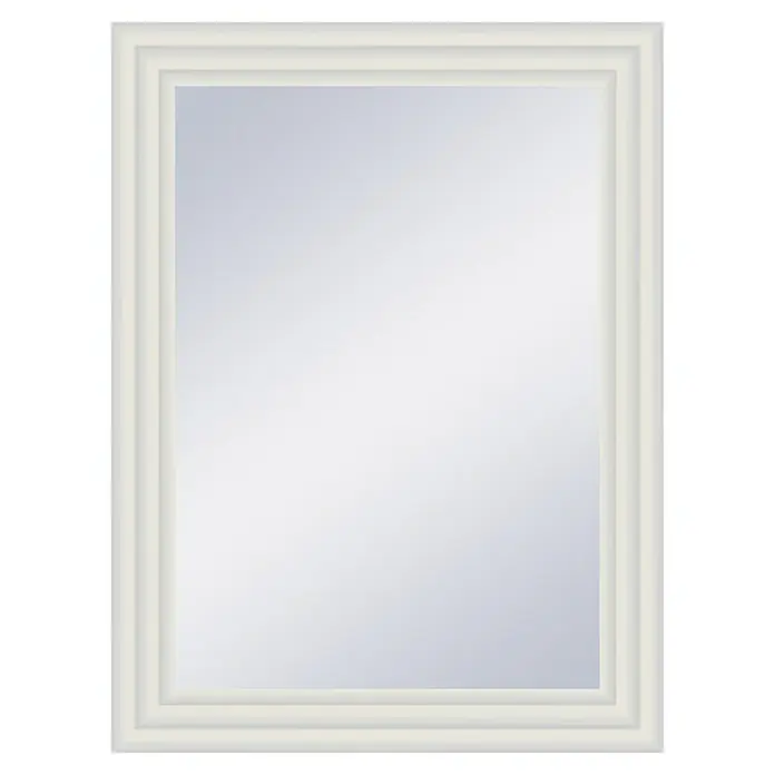 Espejo de pared Fantasía - 63 x 83 cm, Blanco, Madera - Primer plano de un elegante espejo rectangular con un marco sencillo de color crema sobre un fondo negro neutro.