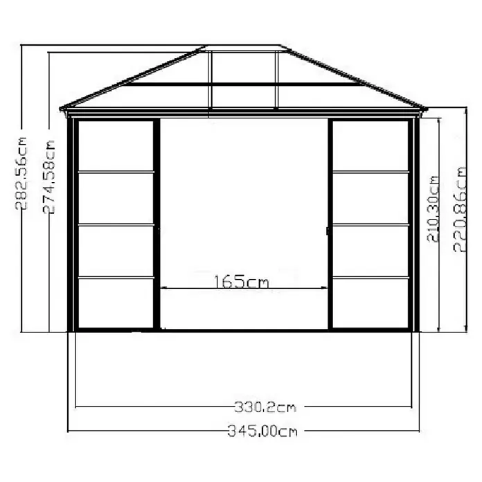 Sojag Standard-Pavillon Castel 10 x 12 - B x T: 362 x 298 cm, Farbe Gestell: Bronze, Aluminium - Schemazeichnung des Gewächshauses mit detaillierten Maßangaben zur Visualisierung der Abmessungen des Produktes.