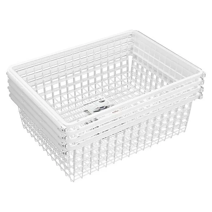 Elfa Classic by Elfa Drahtkorb Set mit Auszug - L x B x H: 43 x 60 x 18 cm, Weiß, 8 -tlg. - Gestapelte weiße Drahtkörbe zur Aufbewahrung. Ein Etikett ist mit 'Gliding Drawer 60' beschriftet.