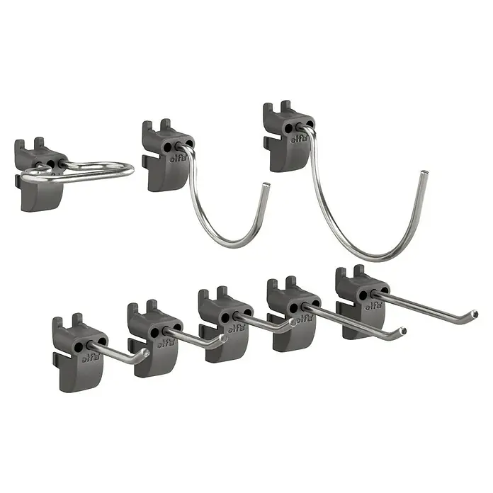 Elfa Garage+ by Elfa Haken-Set - 8 Stk., Passend für: Regalsystem Garage+ by Elfa - Verschiedene Elfa-Haken und -Halterungen für eine vielseitige Aufbewahrungslösung. Ideal zur Organisation von Gegenständen.