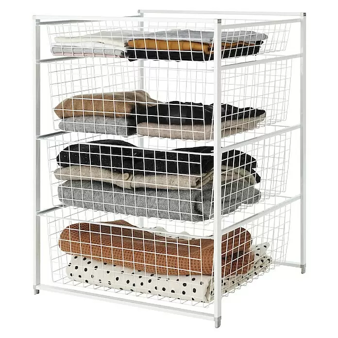 Elfa Classic by Elfa Regalsystem für Korbregalsystem - L x B x H: 53,5 x 55 x 74 cm, Weiß, Mit Drahtkörben - Vierstufiges weißes Drahtschubladensystem mit Körben voller gefalteter Textilien.