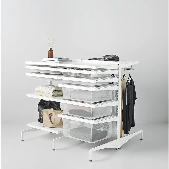 Elfa Classic by Elfa Ständer - L x B x H: 5 x 2,5 x 104 cm, Weiß - Weißes Regalsystem mit mehreren Ablagen, Schubladen und Kleiderstange, das viel Stauraum bietet. Ideal für die Organisation von Kleidung und Accessoires.