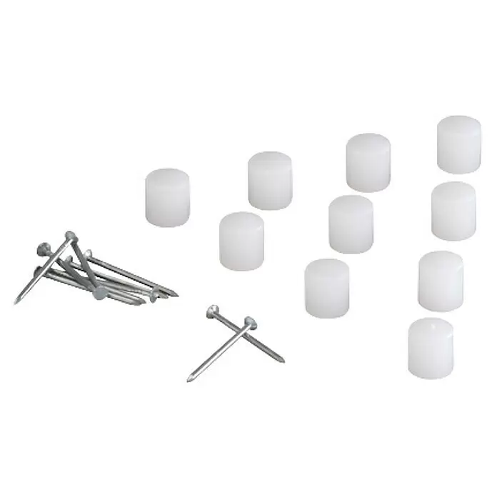 Elfa Sparring by Elfa Regalstifte - 10 Stk. - Silberne Metallnägel und weiße Kunststoff-Schutzkappen.