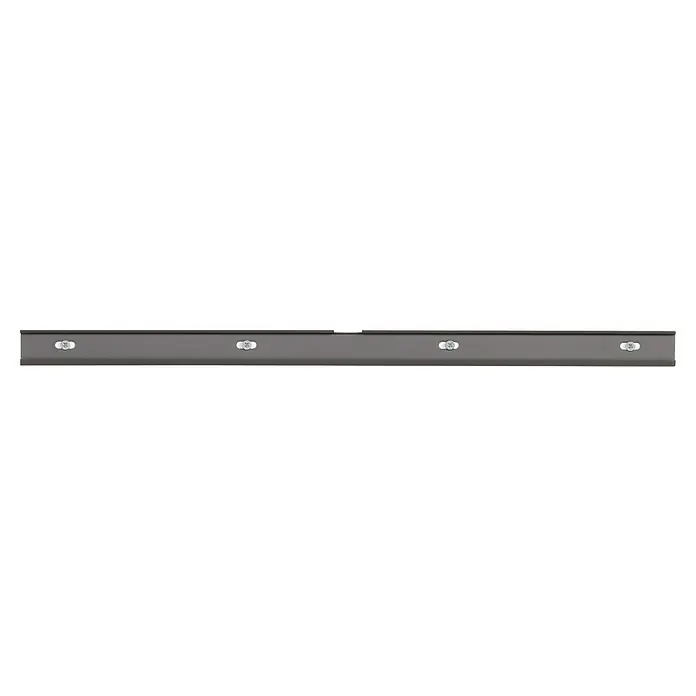 Elfa Garage+ by Elfa Hängeschiene - Länge: 60 cm, Passend für: Regalsystem Garage+ by Elfa - Detailansicht einer grauen Metallschiene mit vier silbernen Schrauben. Die Schiene ist schmal und rechteckig, gleichmäßig angeordnet.