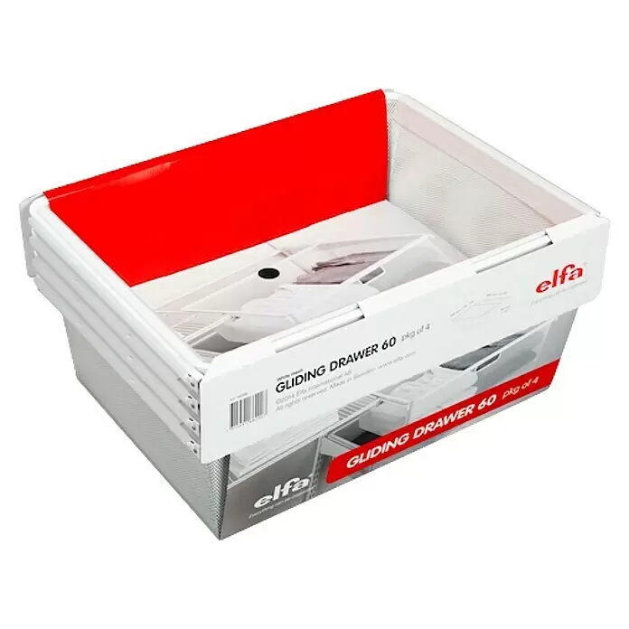 Elfa Classic by Elfa Gitterkorb Set mit Auszug - L x B x H: 40 x 60 x 18 cm, Weiß, 4 Stk. - Stapel weißer Drahtkorb-Gleitschubladen mit rotem Akzent, als 4er-Set für Aufbewahrungssysteme verpackt.