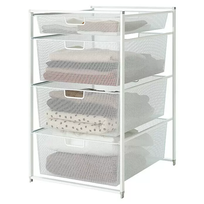 Elfa Classic by Elfa Regalsystem für Korbregalsystem - L x B x H: 53,5 x 45 x 74 cm, Weiß, Mit Gitterkörben - Weißes Metallregal mit vier perforierten Netzschubladen, gefüllt mit gefalteten Textilien.