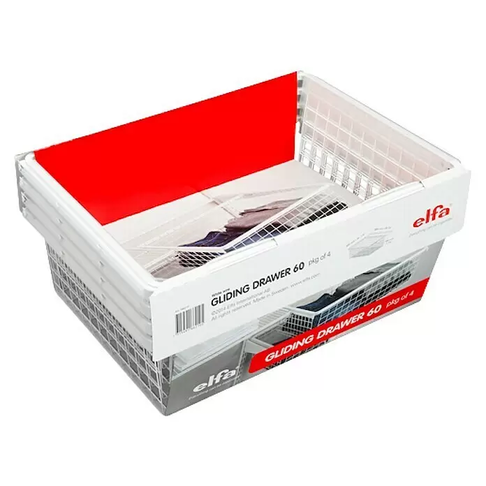 Elfa Classic by Elfa Drahtkorb Set mit Auszug - L x B x H: 43 x 60 x 18 cm, Weiß, 8 -tlg. - Weiße Drahtgitter-Gleitschubladen, gestapelt, mit rotem Branding auf der Verpackung.