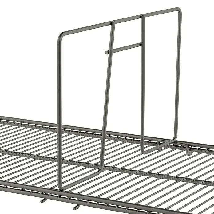 Elfa Classic by Elfa Regal - L x B x H: 41,1 x 4,4 x 20 cm, Farbe: Grau - Detailansicht eines grauen Metallregals mit Abtrennungen, ideal für Küchenutensilien oder zur Organisation von Gegenständen.
