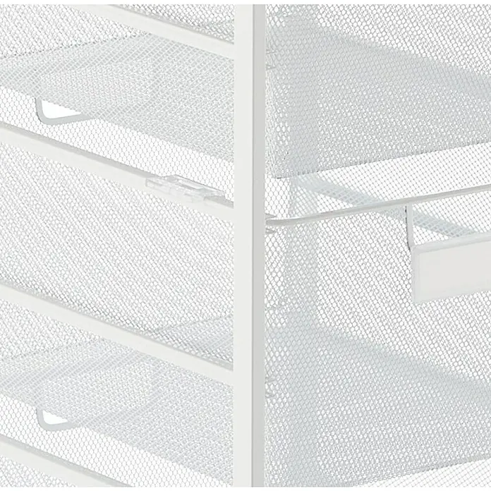 Elfa Classic by Elfa Auszugssperre für Korbregalsystem - Transparent, Passend für: Elfa Gitterkorb - Detailaufnahme eines weißen, mehrschichtigen Netz-Schreibtisch-Organizers mit Schienen für eine einfache Organisation.
