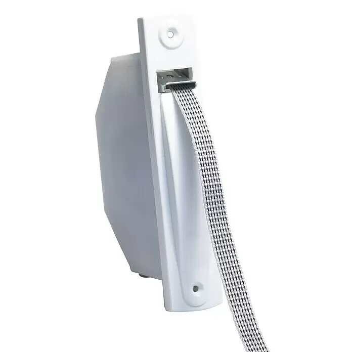 Recogedor de cinta de persiana Minipack - Empotrado, 18 mm - Recogedor de correa de persiana enrollable de plástico blanco con correa a cuadros gris y blanco.