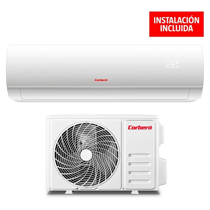 Corberó Aire acondicionado Inverter Austral 12 + Instalación - 3.500 W, 3.500 W, 22 m², Blanco - La imagen muestra un aire acondicionado Corberó, que consta de una unidad interior y una unidad exterior, ambas en blanco.
