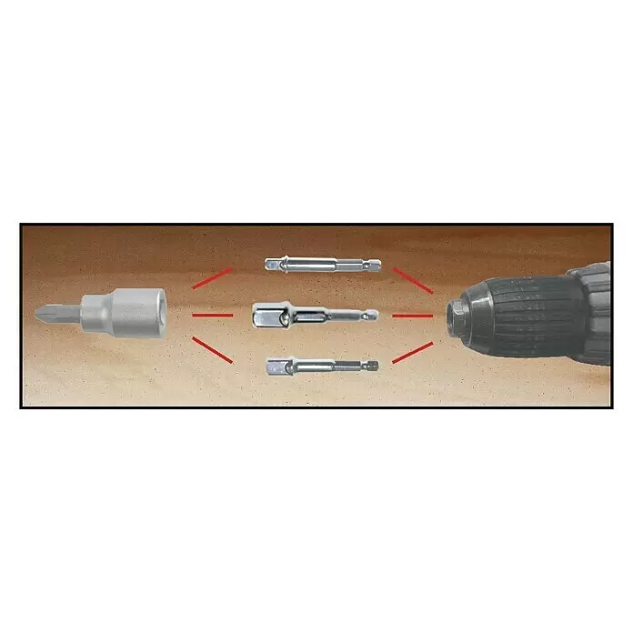 Connex Set de adaptadores de 1/4" - 3 pzs. - Extensiones de brocas de destornillador plateadas y un portabrocas magnético conectándose a un taladro.