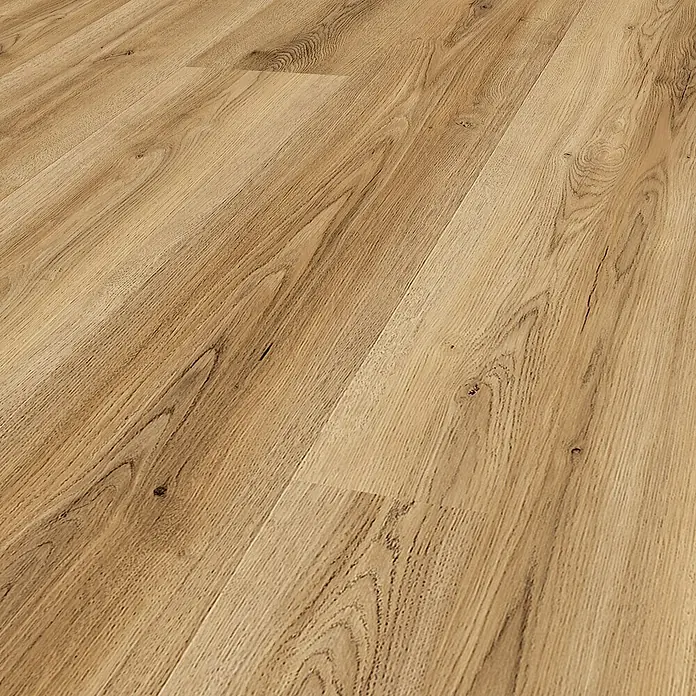 Krono Original Laminat Organic Veneer Parquet - Oak Schönbrunn, Landhausdiele, 1.383 x 244 x 8,5 mm - Nahaufnahme von Laminatboden mit warmen Holztönen und einer deutlichen Maserung, die dem Raum eine natürliche und gemütliche Atmosphäre verleiht.