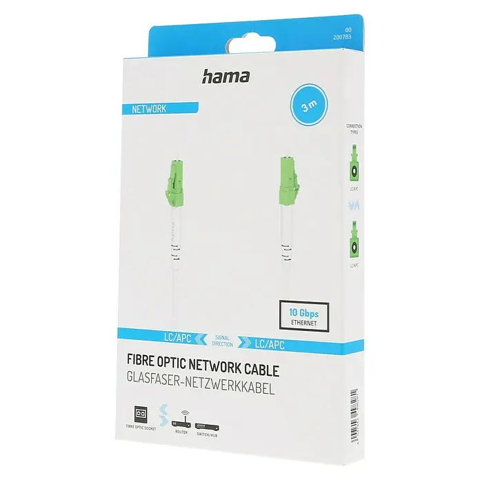 Hama Glasfaser-Netzwerkkabel - 3 m, Weiß, Bis zu 10 Gbit/s - Produktverpackung für ein Hama Glasfaser-Netzwerkkabel (3 m) mit LC/APC-Anschlüssen und 10 Gbit/s Ethernet-Unterstützung.