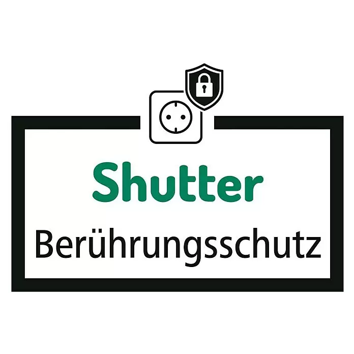 Hama Steckdosenleiste einzeln schaltbar - 6-fach, Schwarz, Kabellänge: 1,4 m, Mit Schalter - Shutter-Berührungsschutz für Steckdosen, dargestellt mit Steckdosensymbol und Vorhängeschloss-Schild.