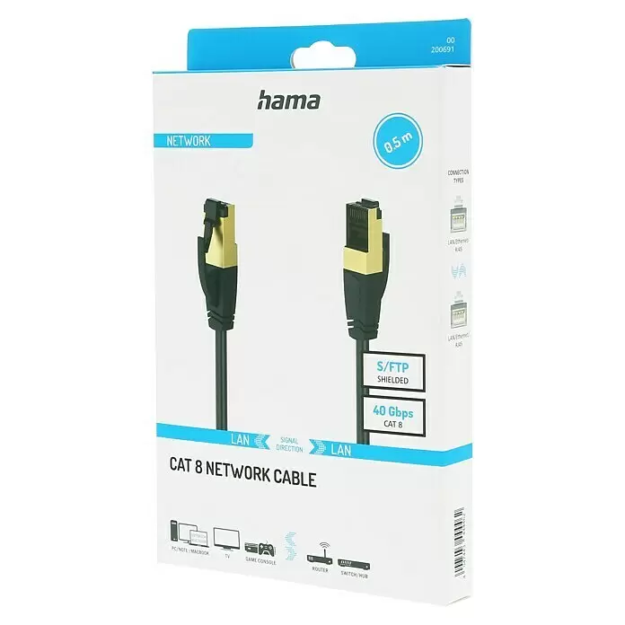 Hama Netzwerk-Kabel - CAT8, Länge: 0,5 m, Schwarz, RJ45-Stecker, Bis zu 40 Gbit/s - Hama Cat 8 Netzwerkkabel, 0,5m, mit vergoldeten RJ45-Anschlüssen, S/FTP geschirmt für 40 Gbit/s Datenübertragung.