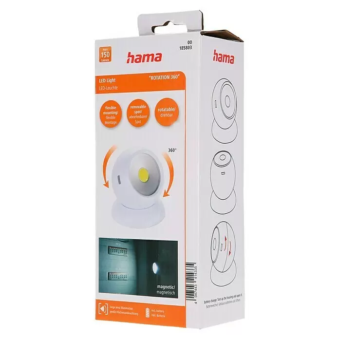 Hama Mobiles LED-Licht Rotation 360 - Batteriebetrieben, Weiß, Höhe: 7,5 cm - Weißes LED-Licht, 360° drehbar, magnetisch, mit flexibler Montage und abnehmbarem Spot.