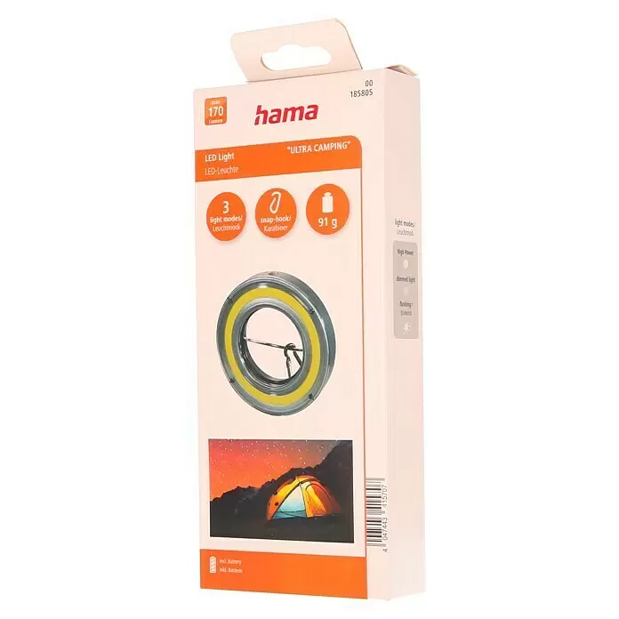 Hama Mobiles LED-Licht Ultra Camping - Batteriebetrieben, Schwarz, Höhe: 2 cm - Hama LED Campinglampe, kreisförmig mit gelbem LED-Ring, Karabinerhaken, 170 Lumen, 3 Leuchtmodi, ideal für Zelte. Wiegt 91g.