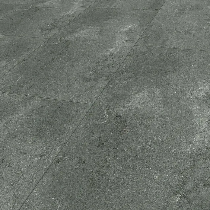 Vinylboden Rigid Fliese XL - Grey Concrete, Fliese, 1.220 x 610 x 7,5 mm - Nahaufnahme von grauen Bodenfliesen, die ein modernes und industrielles Aussehen vermitteln.