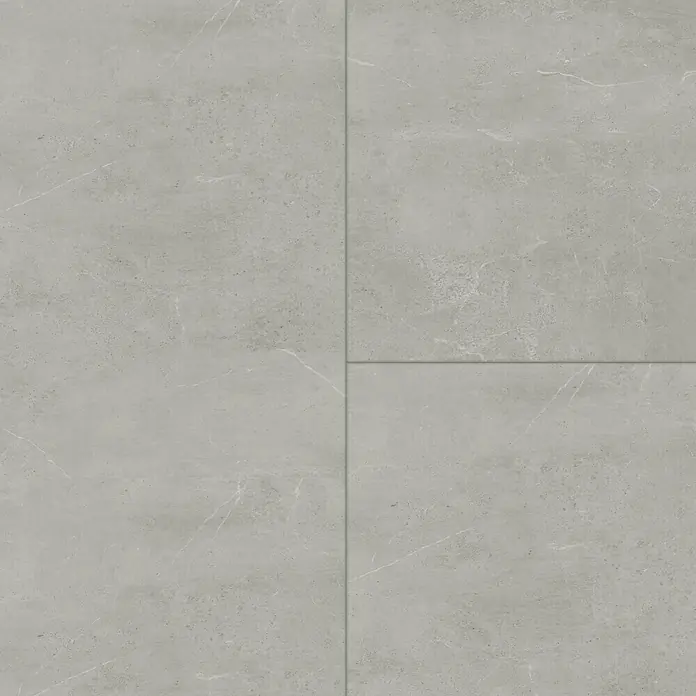 Vinylboden Rigid Fliese XL - Metro, Fliese, 1.220 x 610 x 7,5 mm - Graue Steinzeugfliesen mit subtiler Marmorierung und Fugen, ideal für moderne Innenräume. Die Fliesenoberfläche wirkt edel und minimalistisch.