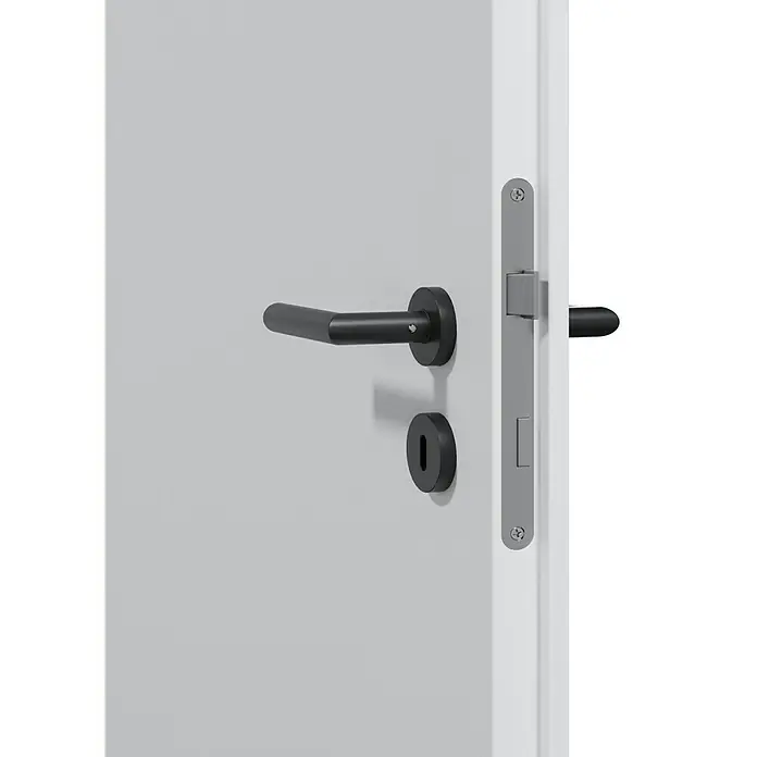 Invado Zimmertür ND1 - 735 x 1.985 mm, DIN Anschlag: Rechts, Verkehrsweiß matt, Röhrenspan - Nahaufnahme einer modernen, grauen Tür mit einem eleganten, schwarzen Türgriff und einem silbernen Schloss.