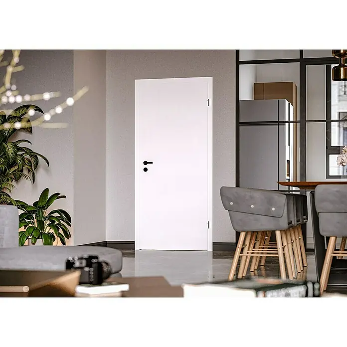 Invado Zimmertür ND1 - 735 x 1.985 mm, DIN Anschlag: Rechts, Verkehrsweiß matt, Röhrenspan - Helle Inneneinrichtung mit einer modernen, weißen Tür, die sich harmonisch in das Raumdesign einfügt. Stilvolle Tür mit minimalistischen Beschlägen.