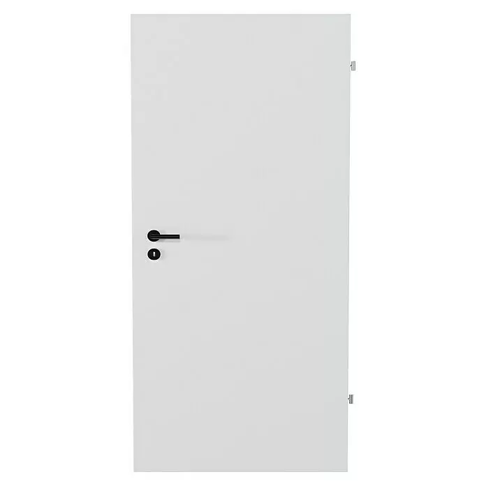 Invado Zimmertür ND1 - 735 x 1.985 mm, DIN Anschlag: Rechts, Verkehrsweiß matt, Röhrenspan - Weiße Tür mit schwarzem Griff, Schlüsselloch und silbernen Scharnieren.