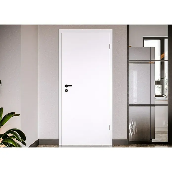 Invado Zimmertür ND1 - 735 x 1.985 mm, DIN Anschlag: Rechts, Verkehrsweiß matt, Röhrenspan - Elegante weiße Innentür mit schwarzem Türgriff, die sich harmonisch in das moderne Raumdesign einfügt. Stilvolles Detail für Ihr Zuhause.