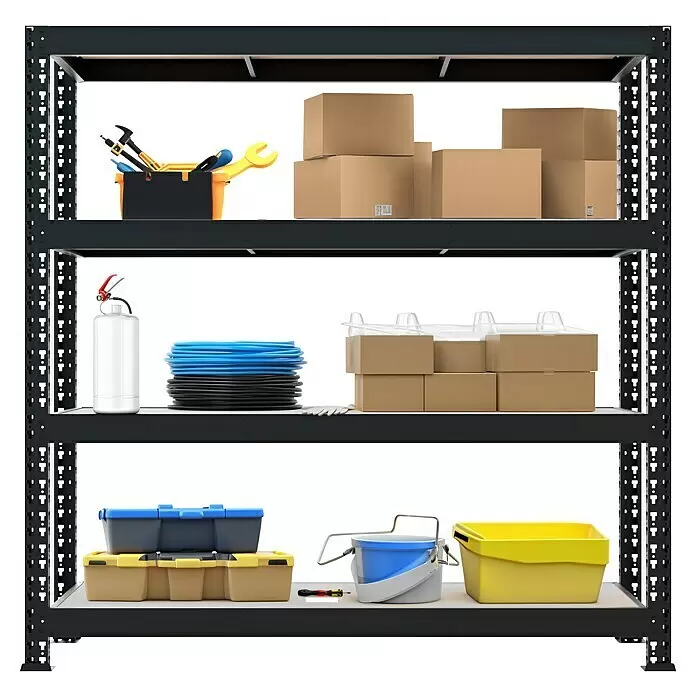 Regalux Metallregal - H x B x T: 180 x 180 x 60 cm, Traglast pro Boden: 500 kg, Anzahl Böden: 4 Stk., Stecken, Schwarz - Schwarzes Metallregal mit drei Ablagen, auf denen Kartons, Werkzeugkästen und ein Feuerlöscher stehen.