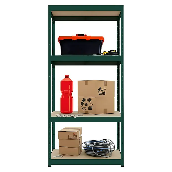 Regalux Metallregal - H x B x T: 149 x 70 x 30 cm, Traglast pro Boden: 80 kg, Anzahl Böden: 4 Stk., Stecken, Grün - Regal mit Werkzeugkasten, Reinigungsflasche, Kartons und Kabel. Praktische Lagerung für Werkstatt oder Garage.