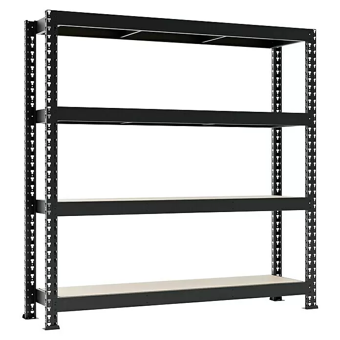 Regalux Metallregal - H x B x T: 180 x 180 x 60 cm, Traglast pro Boden: 500 kg, Anzahl Böden: 4 Stk., Stecken, Schwarz - Schwerlastregal aus schwarzem Metall mit vier hellen Ablagen.