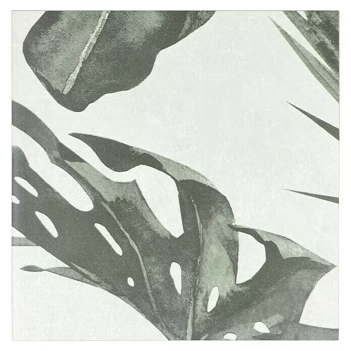 Domicil Fliesenmuster Living Concrete Jungledrum - 15 x 15 cm, Grün/Weiß, Matt - Abstraktes Grafik-Kunstwerk mit dunkelgrünen Monstera-Blättern und anderem tropischen Laub.