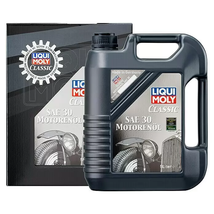 Liqui Moly Motoröl Classic SAE 30 - SAE 30, 5 l - Dunkelgrauer Liqui Moly Classic SAE 30 Motoröl 5L Kanister neben der schwarzen Kartonverpackung.