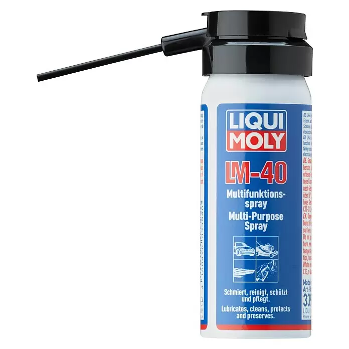 Liqui Moly Multiöl LM 40 Multifunktionsspray - 50 ml - Weiße LIQUI MOLY LM-40 Multifunktionsspraydose mit blauem Etikett und schwarzer Kappe/Sprührohr. Schmiert, reinigt, schützt.