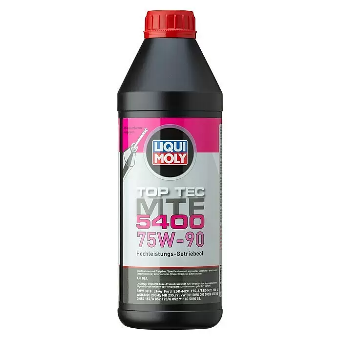 Liqui Moly Getriebeöl Top Tec MTF 5400 75W-90 - 75W-90, 1 l - Schwarze LIQUI MOLY TOP TEC MTF 5400 75W-90 Hochleistungs-Getriebeölflasche mit rotem Deckel und pink-grauem Etikett.