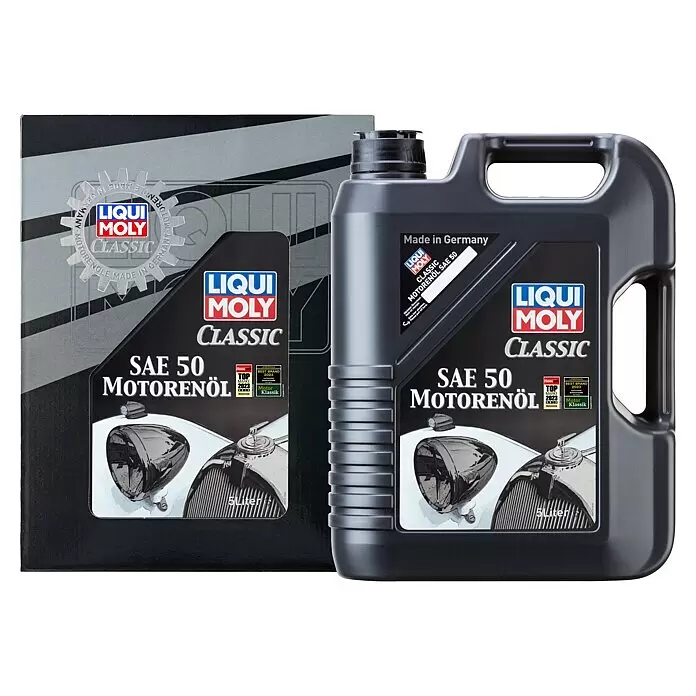 Liqui Moly Motoröl Classic SAE 50 - SAE 50, 5 l - Schwarze Verpackung und 5-Liter-Kanister Liqui Moly Classic SAE 50 Motorenöl. Beide tragen die Aufschrift „Made in Germany“ und Auszeichnungen.