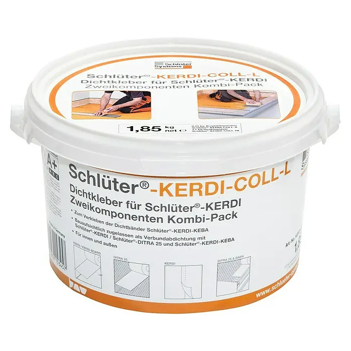 Schlüter Systems Adhesivo bicomponente Kerdi Coll-L -  - Imagen de un cubo de sellador Schlüter-KERDI-COLL-L, un paquete combinado de dos componentes para conexiones herméticas.
