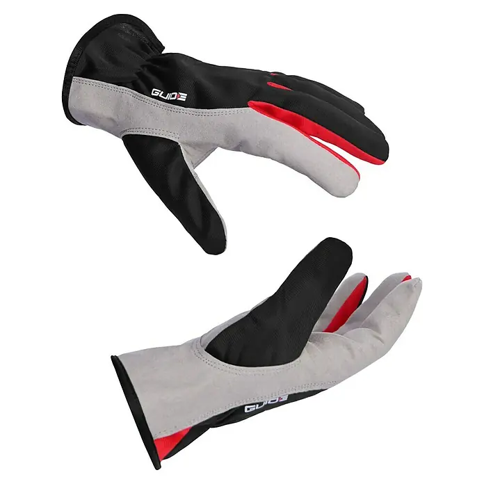 Guide Arbeitshandschuhe 761 - Grau/Schwarz, 11 - Nahaufnahme von zwei GUIDE-Winterarbeits-Handschuhen mit schwarzem Handrücken, grauer Handfläche und roten Details.