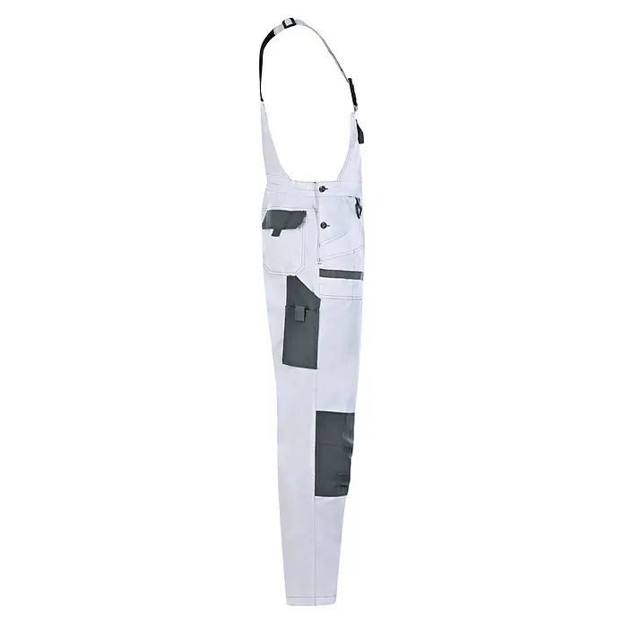 Latzhose - Herren, XL, Weiß - Diese Arbeitshose in Weiß ist mit grauen Taschen und Hosenträgern ausgestattet. Sie ist robust und funktional für Handwerker und andere Berufsgruppen.