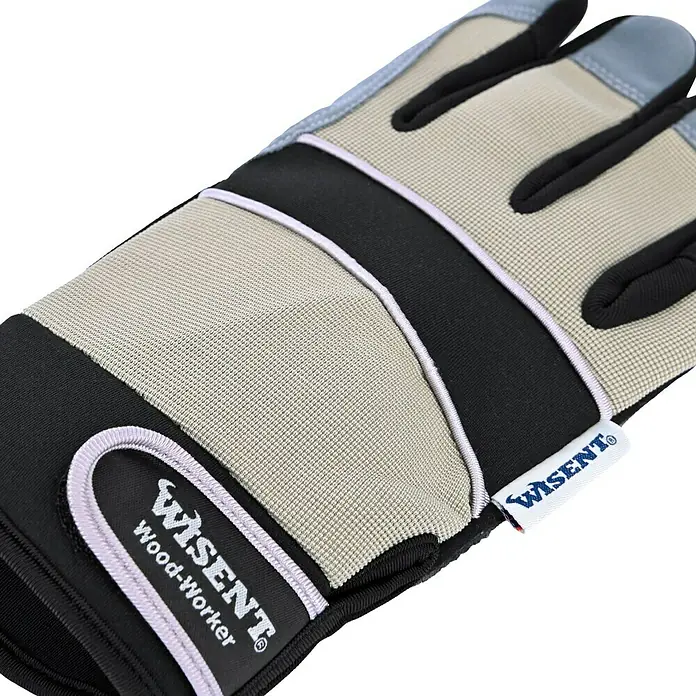 Wisent Arbeitshandschuhe Wood Worker - Handschuhgröße: 10, Beige/Grau - Detailaufnahme eines Wisent Wood-Worker Handschuhs, ideal für Holzarbeiten, mit robustem Design und guter Passform für präzise Aufgaben.