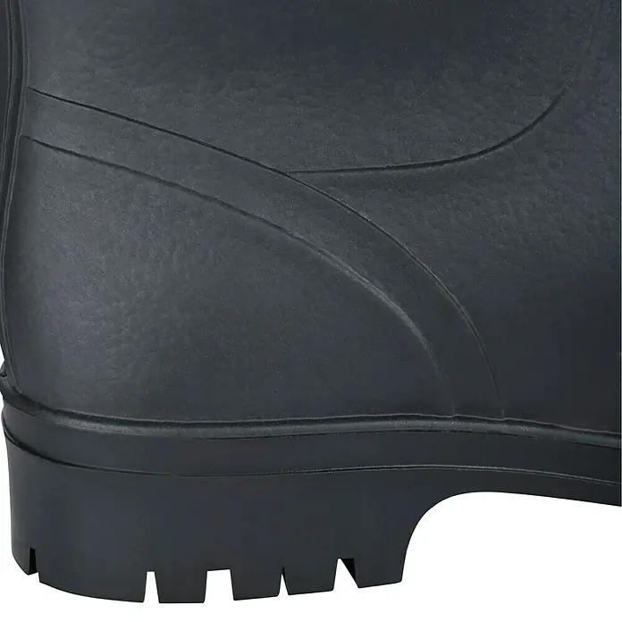 Sicherheitsstiefel - Schuhgröße: 41, Wadenhoch - Detailaufnahme der robusten Sohle eines schwarzen Gummistiefels, ideal für schlechtes Wetter und Outdoor-Aktivitäten.