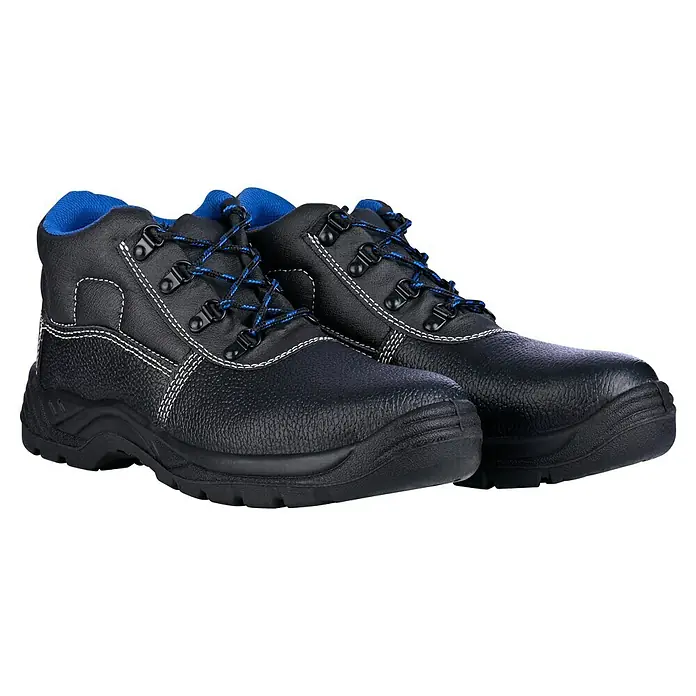 Sicherheitsstiefel Bob - Schuhgröße: 41, S3 - Abgebildet sind zwei schwarze Sicherheitsstiefel mit blauen Schnürsenkeln, die robust und für den Einsatz in anspruchsvollen Arbeitsumgebungen konzipiert sind.
