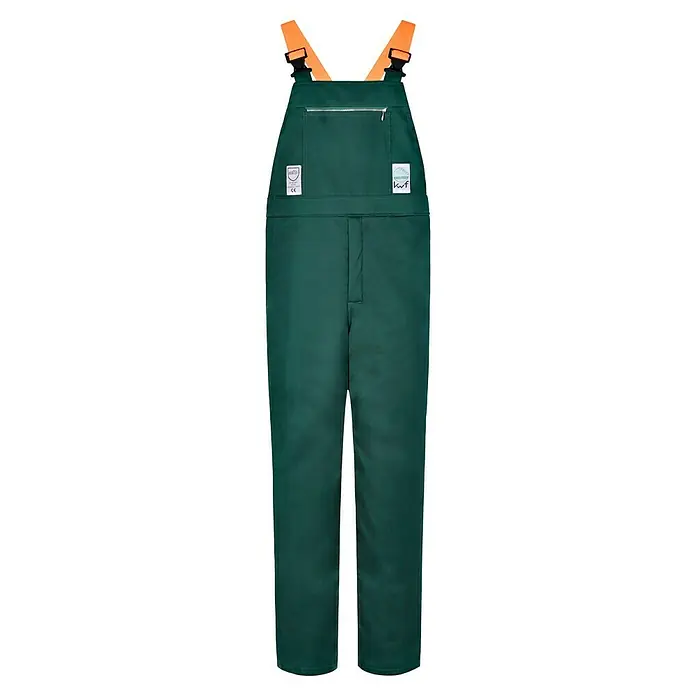 Latzhose - L, Grün/Orange - Grüne KWF-geprüfte Forstwirts-Latzhose mit orangen Trägern, ideal für Waldarbeiten. Die Hose bietet Schutz und Komfort bei der Arbeit.