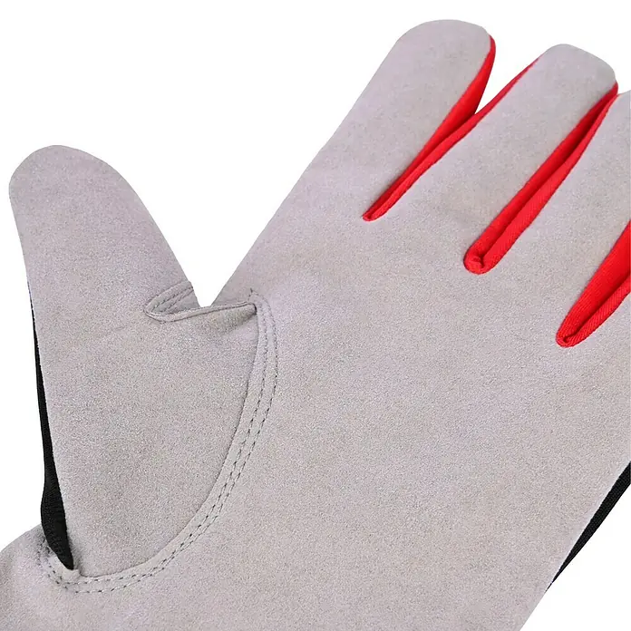 Guide Arbeitshandschuhe 761 - Grau/Schwarz, 11 - Nahaufnahme eines grauen Lederhandschuhs mit roten Akzenten, ideal für Schutz bei Arbeiten im Freien.