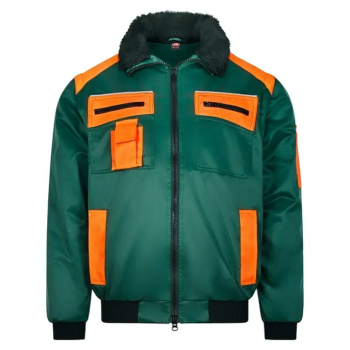 Forstblouson 4in1 - Grün/Orange, XXL - Grüne Arbeitsjacke mit orangefarbenen Akzenten und Pelzkragen, ideal für Arbeiten im Freien bei kaltem Wetter.