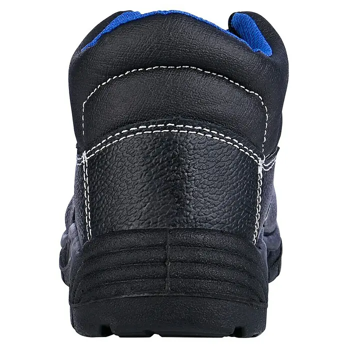 Sicherheitsstiefel Bob - Schuhgröße: 41, S3 - Detailaufnahme eines schwarzen Sicherheitsschuhs mit blauer Innenseite und weißen Nähten, der Stabilität und Schutz bietet.