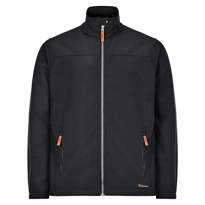 L.Brador Softshell-Jacke 554 P - Schwarz, L - Schwarze Softshelljacke mit durchgehendem Reißverschluss und orangefarbenen Akzenten für einen stilvollen und funktionalen Look.