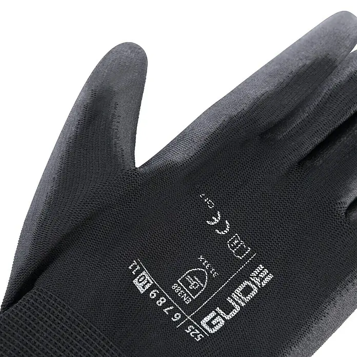 Guide Arbeitshandschuhe 525 - Schwarz, 11 - Nahaufnahme eines schwarzen Guide-Arbeitshandschuhs mit Handflächenstruktur, der Schutz und Griffigkeit bei der Arbeit bietet.